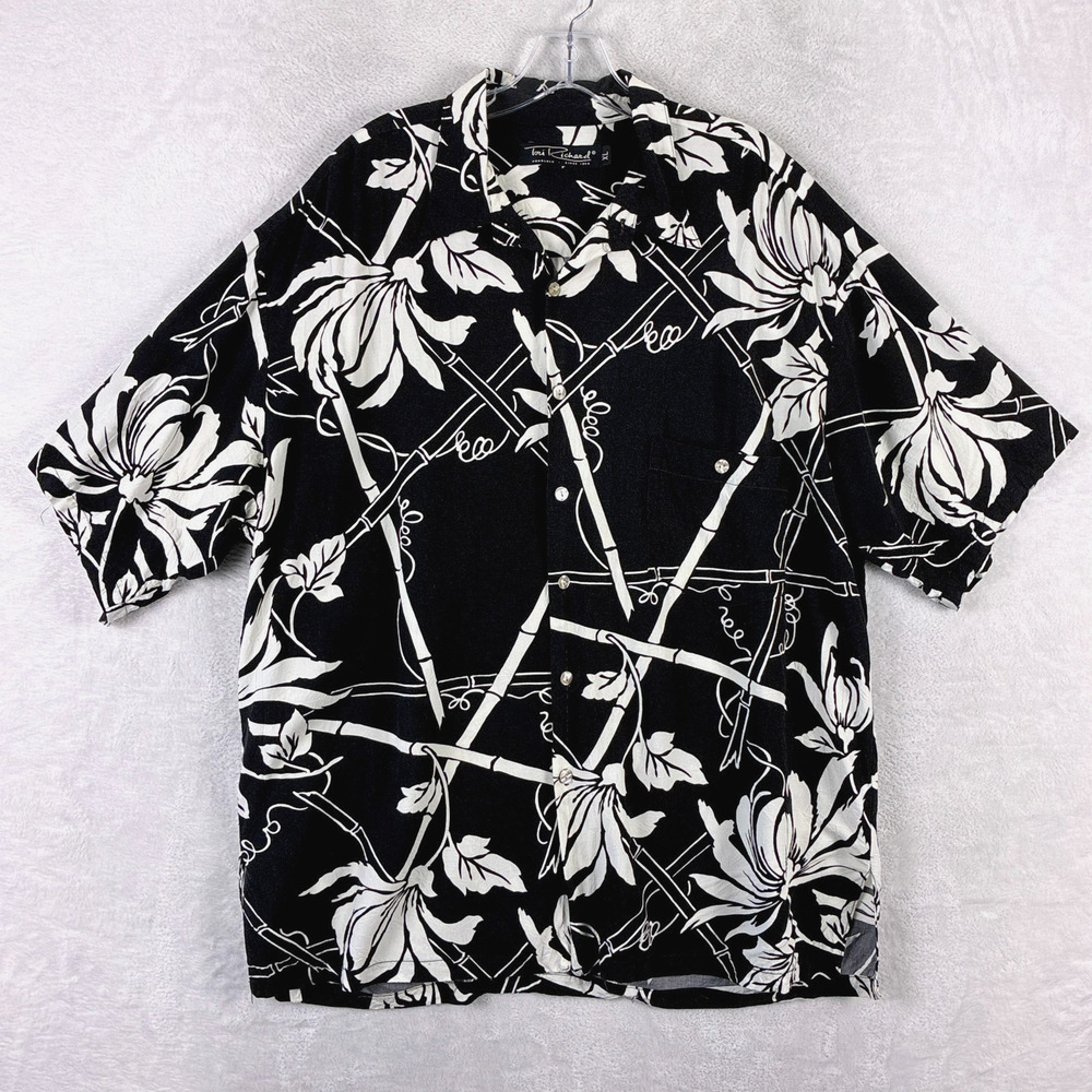 VTG Tori Richard Hawaiian Shirt Mens XL Black White Rayon Bamboo AOP Aloha USA